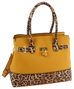 Leopard Colorblock Padlock Satchel LHU432 MUSTARD